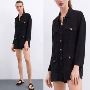 Zara Playsuit Black Lyocell Romper Utility‎ Pockets Long Sleeve Size Small